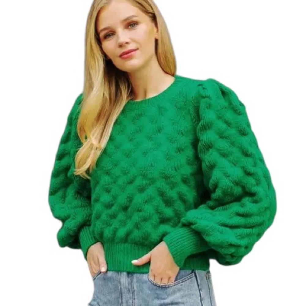 Strut & Bolt Kelly Green Textured Wave Thick Knit Puff Sleeve Crop Sweater - S